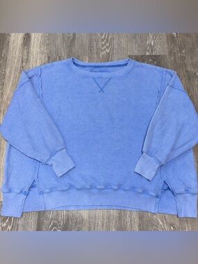 AERIE Big Hug Waffle Knit Top Oversized Crewneck Pullover Sweatshirt Blue Small